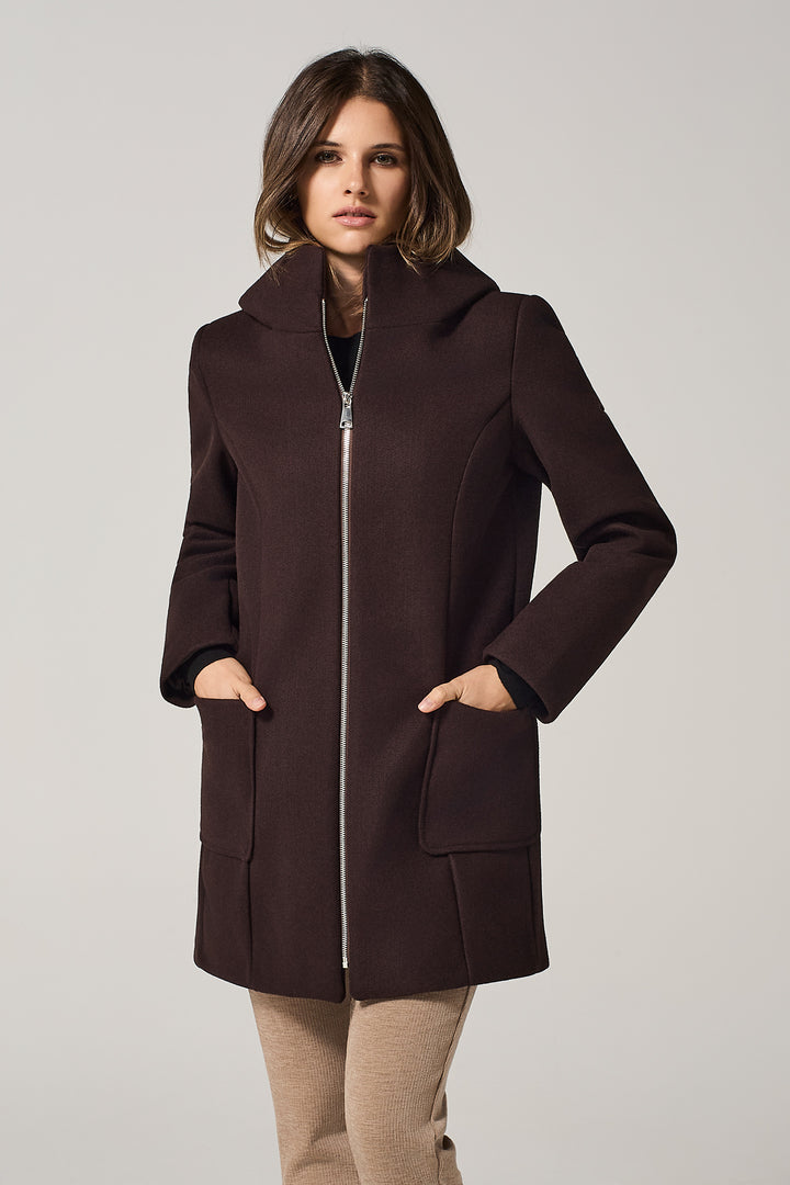 Cappotto midi in panno con cappuccio
