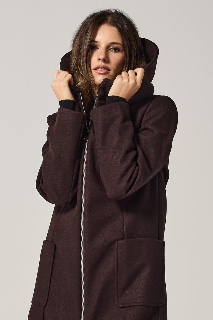 Cappotto midi in panno con cappuccio