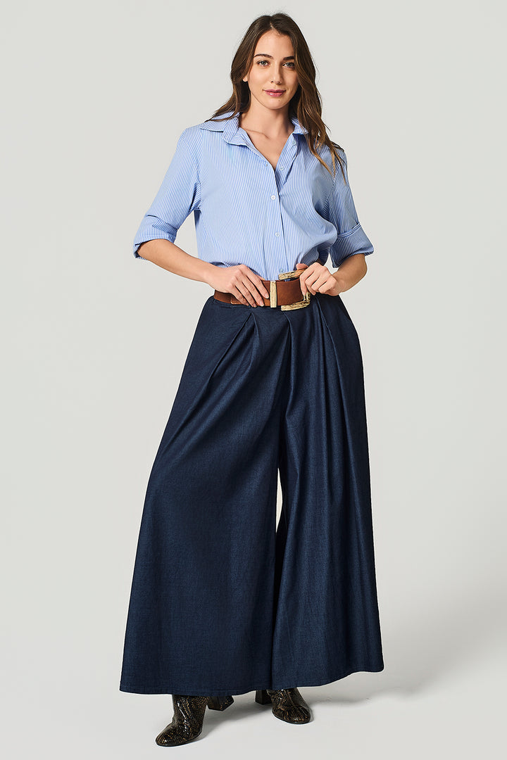 Jeans in chambrais a palazzo con cinta