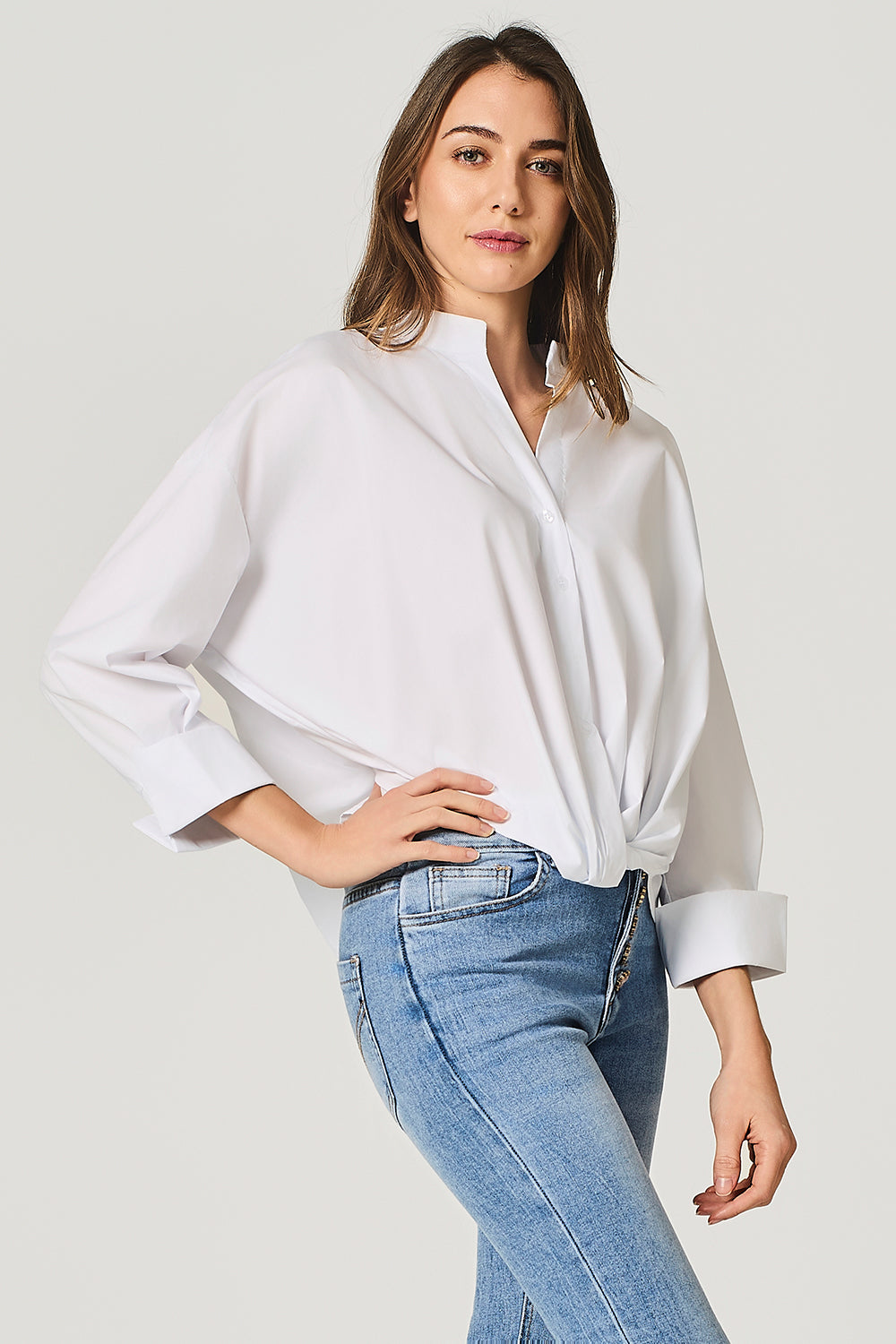 Camicia coreana in popeline stretch con nodo