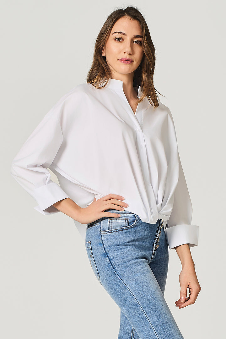 Camicia coreana in popeline stretch con nodo