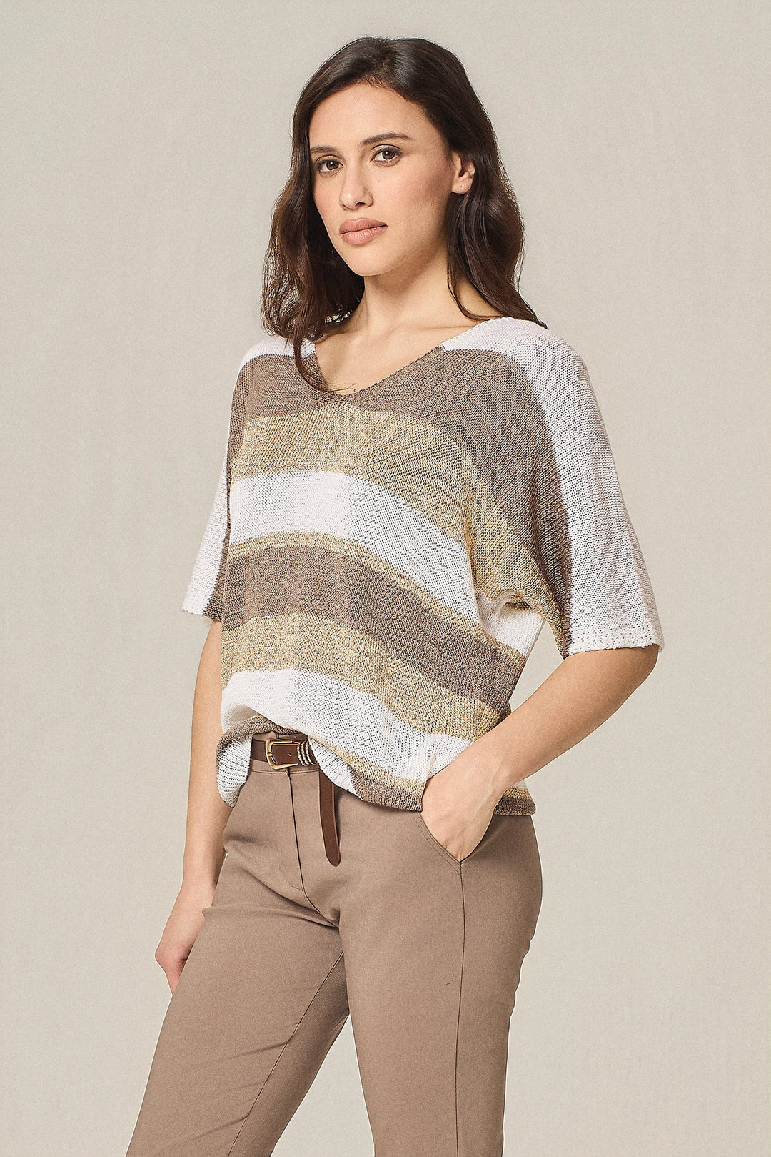 Maglia scollo V a righe grandi multicolor
