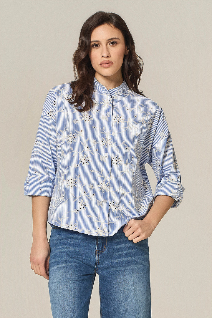 Camicia millerighe con ricami sangallo