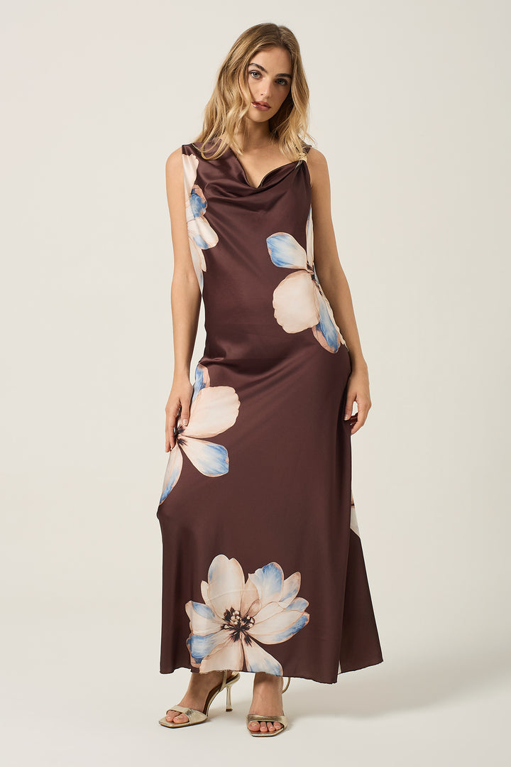 Abito lungo in satin fantasia floreale