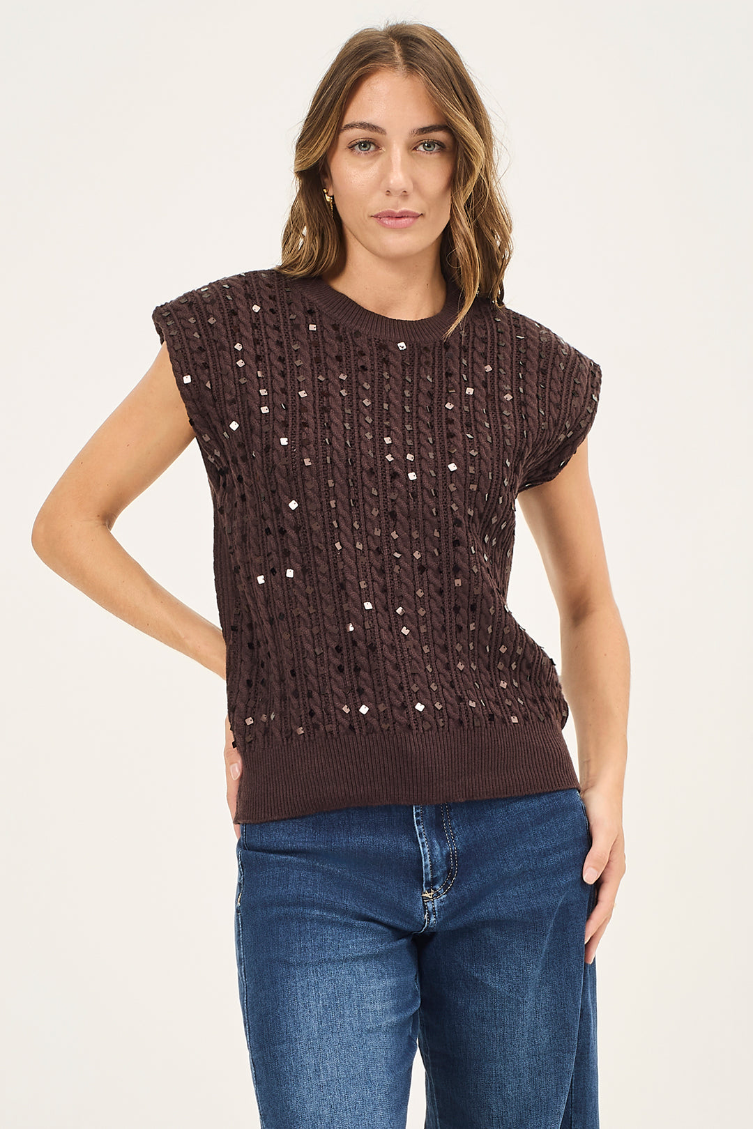 Gilet a trecce con paillettes quadrate
