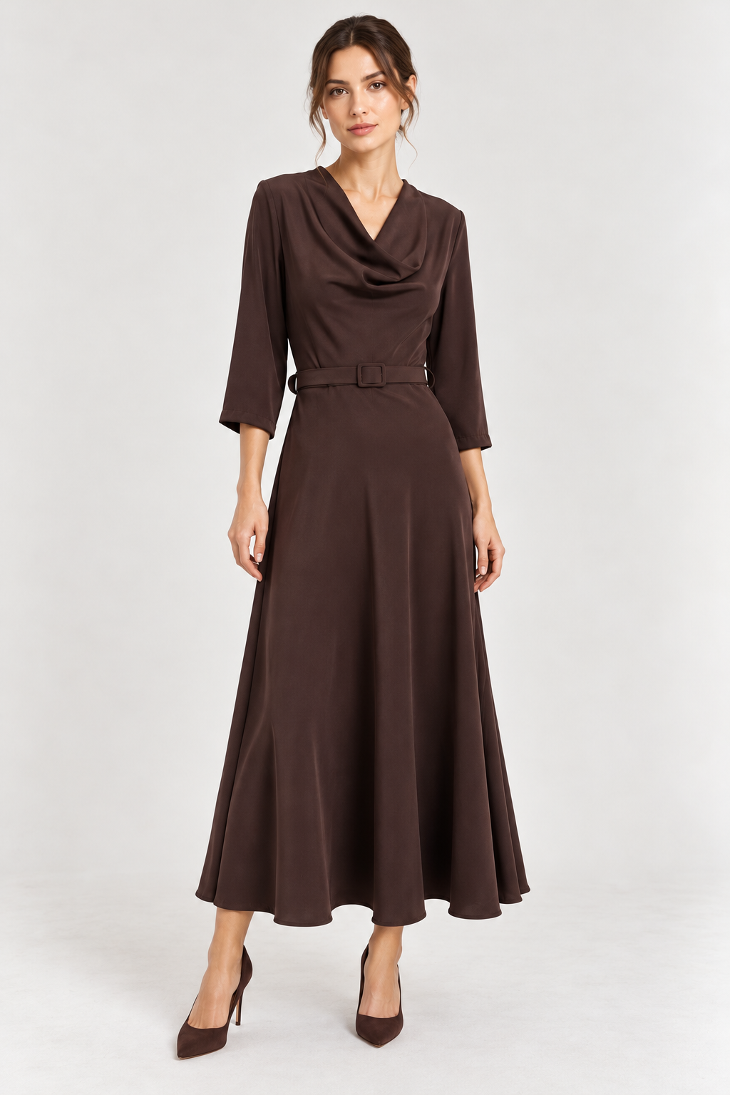 Abito lungo in satin con cinta