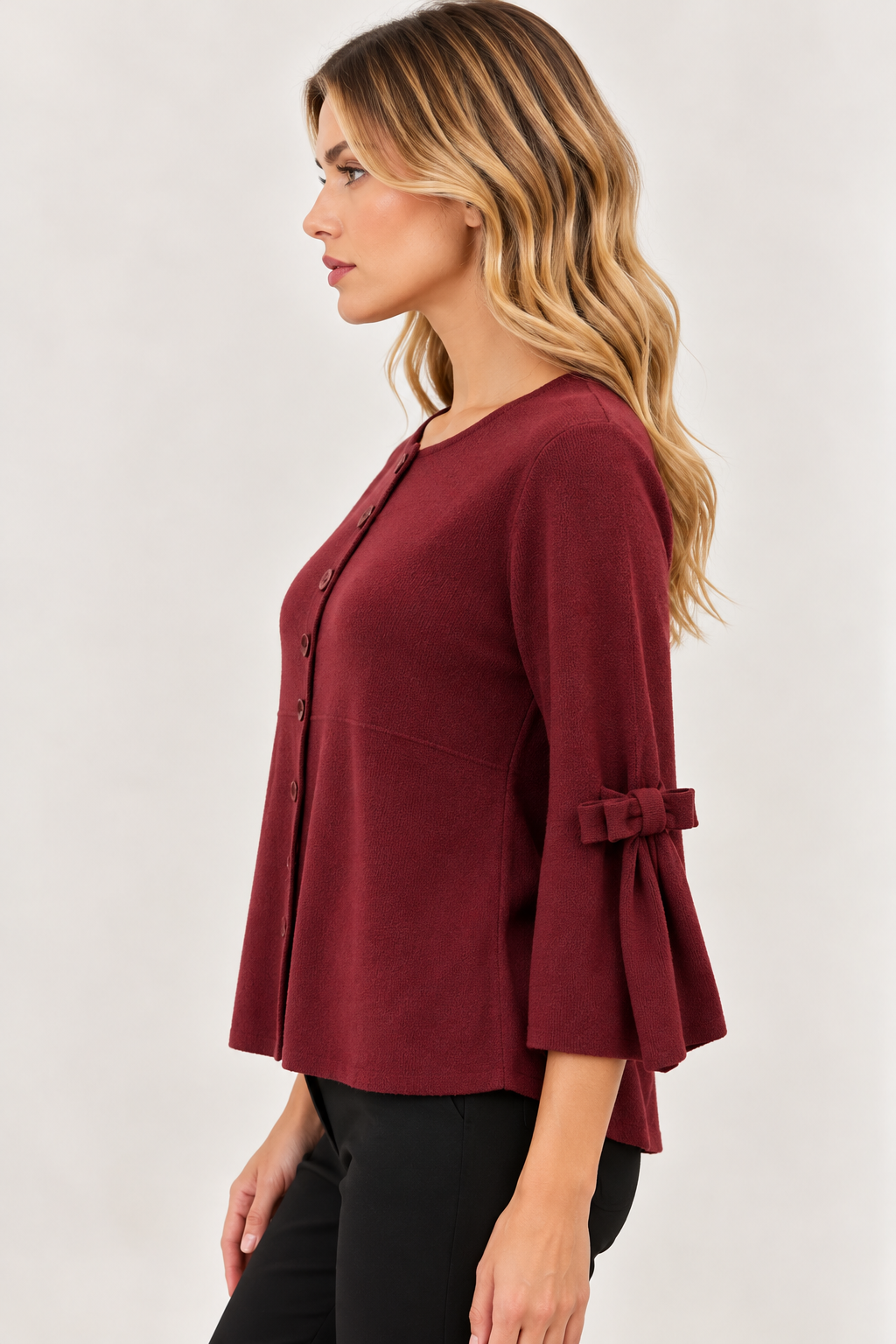 Cardigan con manica a campana e fiocco